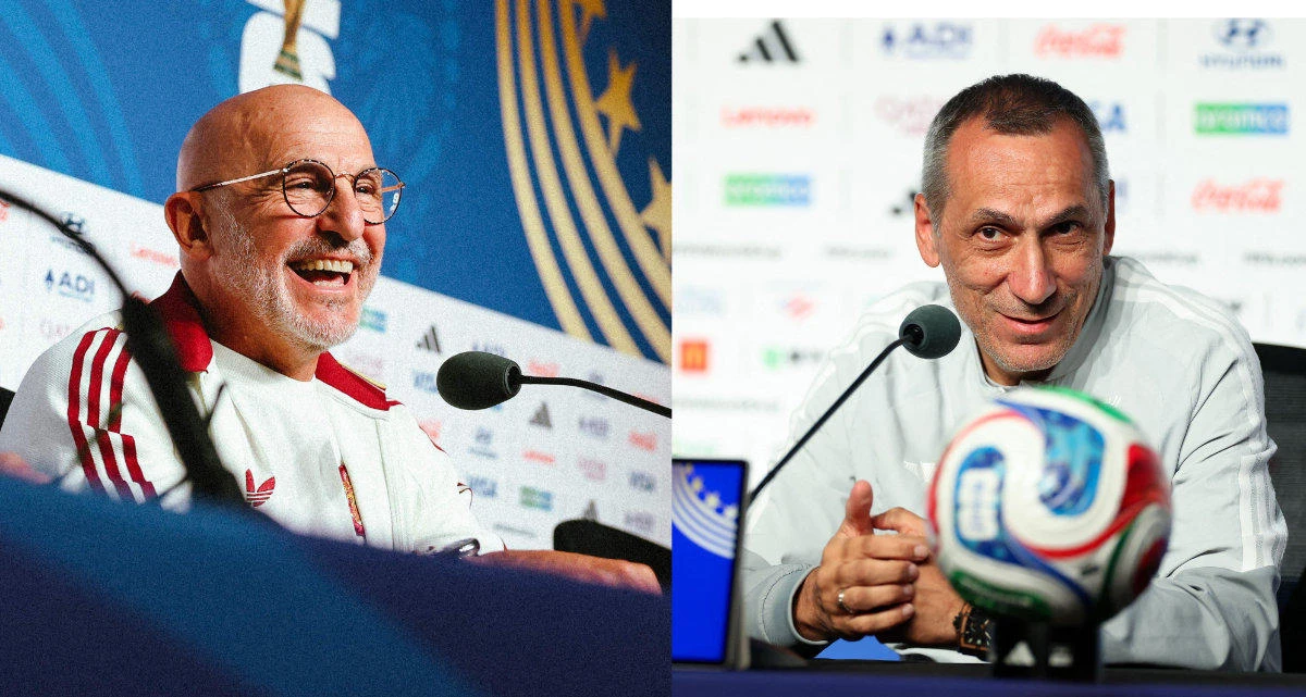 Spain's head coach Luis De La Fuente, left and Saudi Arabi's head coach Georgios Donis speak with the media in separate press conferences one day ahead of the FIFA World Cup 2026 Group H match between Spain and Saudi Arabia at Atlanta Stadium on June 20, 2026 in Atlanta, Georgia. (Getty Images via AFP)