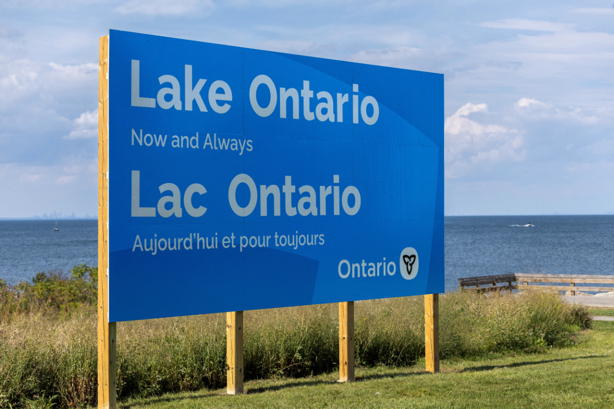 A sign reading “Lake Ontario, Now and Always,” unveiled by Ontario Premier Doug Ford at Fifty Point Conservation Area, near Grimsby, Ontario, Canada, on August 29, 2026, after US President Donald Trump signed an executive order renaming Lake Ontario as “Lake America”. (Reuters/Carlos Osorio)
