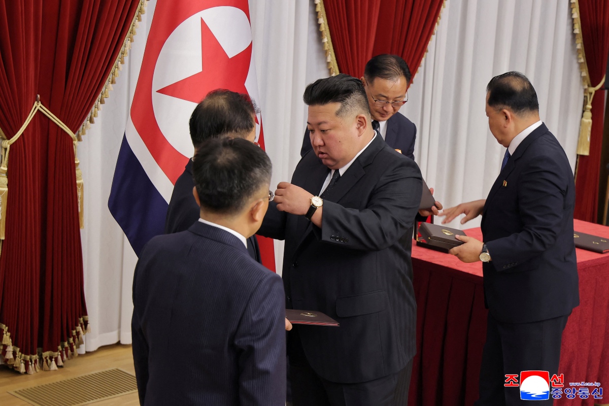 North Korean leader Kim Jong Un meets scientists, researchers and officials from key national defence research institutions at the headquarters of the Central Committee of the Workers' Party of Korea in Pyongyang, North Korea. (KCNA)