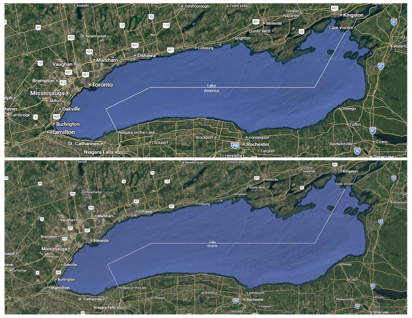 Maps showing the names Lake America (top), viewable only to US-based users and Lake Ontario (bottom), viewable only to Canada-based viewers, that appear on Google Maps pages of the service August 30, 2026, after President Donald Trump announced that he was changing the name of the smallest of the five Great Lakes, in a combination of screenshots. (Google/Handout via Reuters)