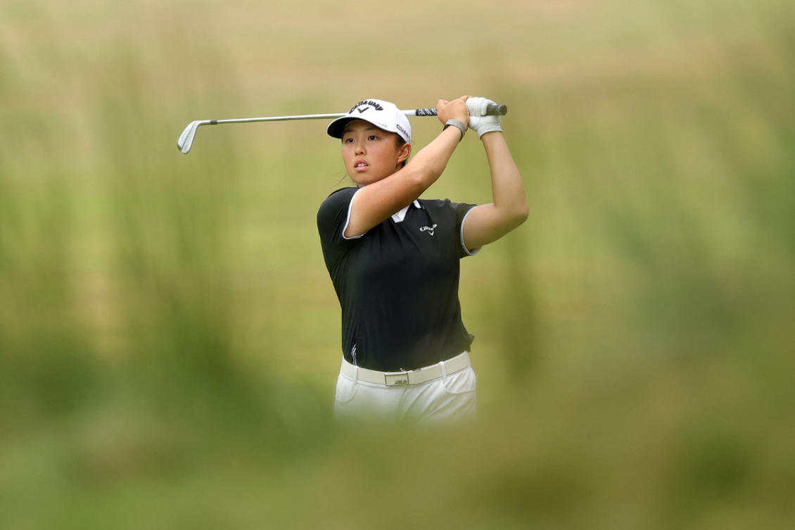 Ruoning Yin of China plays a shot on the 18th hole during the final round of the FM Championship 2026 at TPC Boston on August 30, 2026 in Norton, Massachusetts. (Getty Images/AFP )