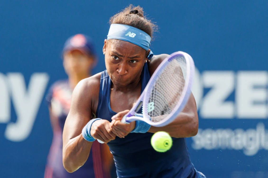 Coco Gauff of the US returns the ball from Alina Korneeva during a round of 16 match at the National Bank Open tennis tournament in Toronto, on Sunday, Aug. 9, 2026. (Keito Newman/The Canadian Press via AP)