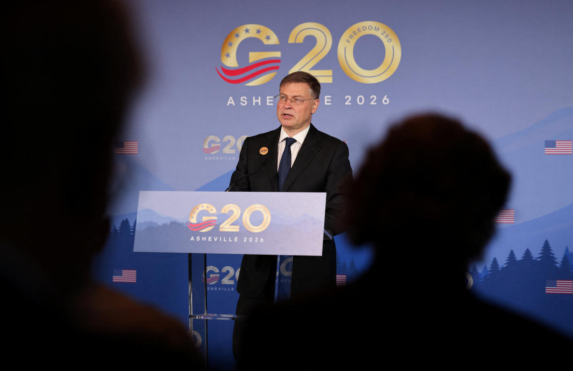 European Commissioner for Economy and Productivity Valdis Dombrovskis speaks, as finance ministers and central bank governors from G20 countries meet in Asheville, North Carolina, on Sept. 1, 2026. (Reuters)