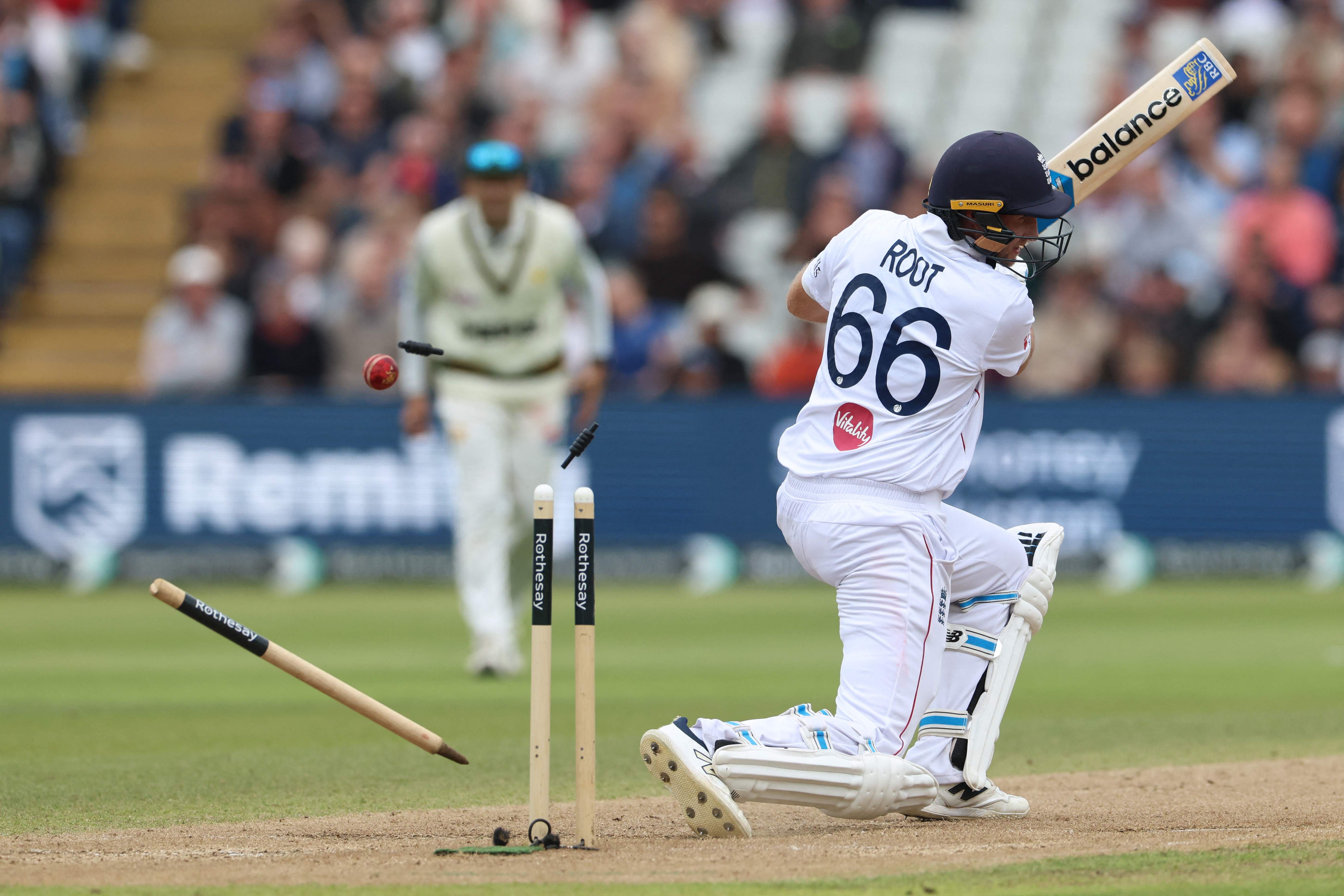 England’s Joe Root appears to be bowled out, but the decision was ruled a no ball, on day four of the third Test match between England and Pakistan at Edgbaston cricket ground in Birmingham, central England, on September 12, 2026. (AFP)