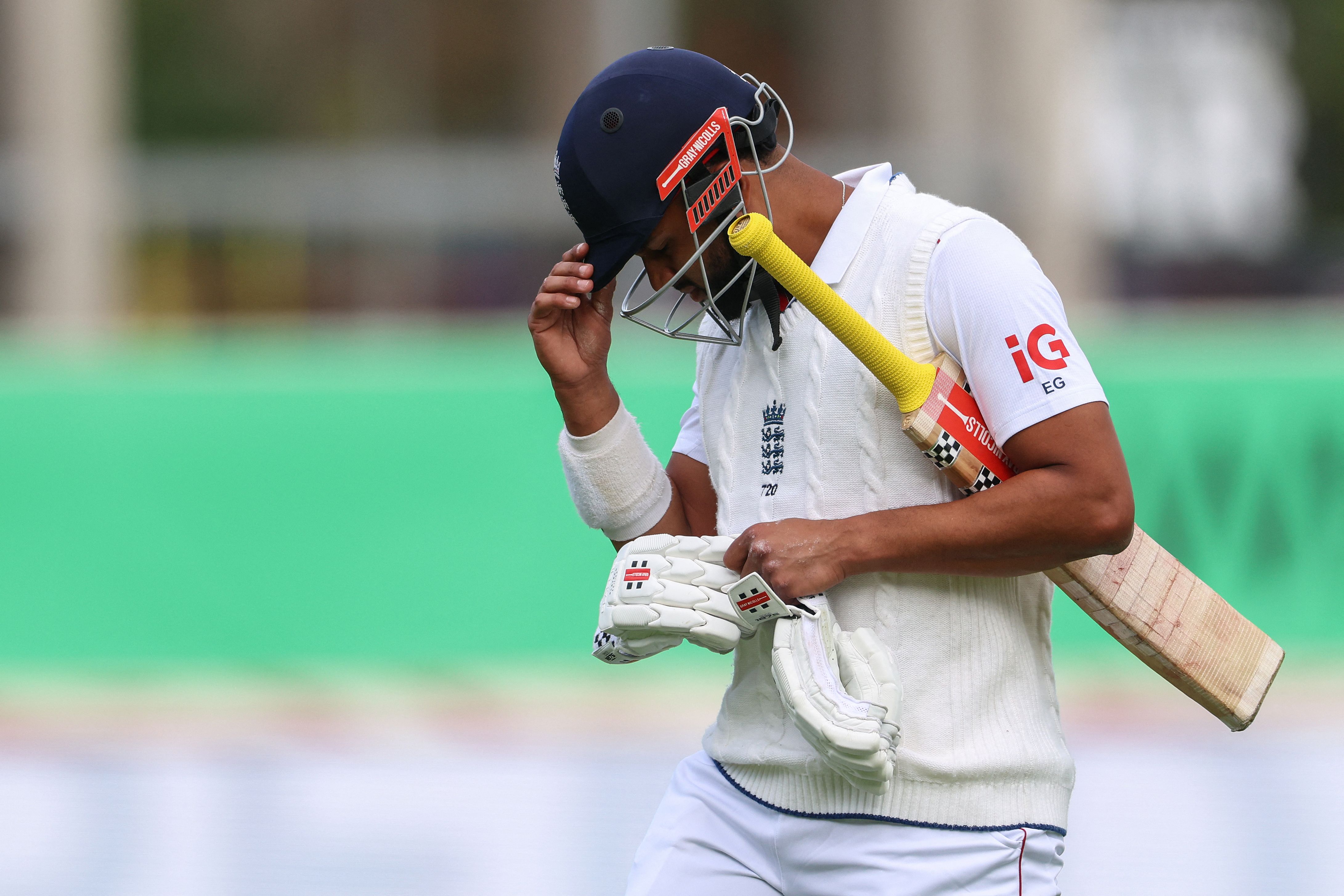 England’s Emilio Gay walks off after being dismissed on day four of the third Test match against Pakistan at Edgbaston cricket ground in Birmingham, central England, on September 12, 2026. (AFP)