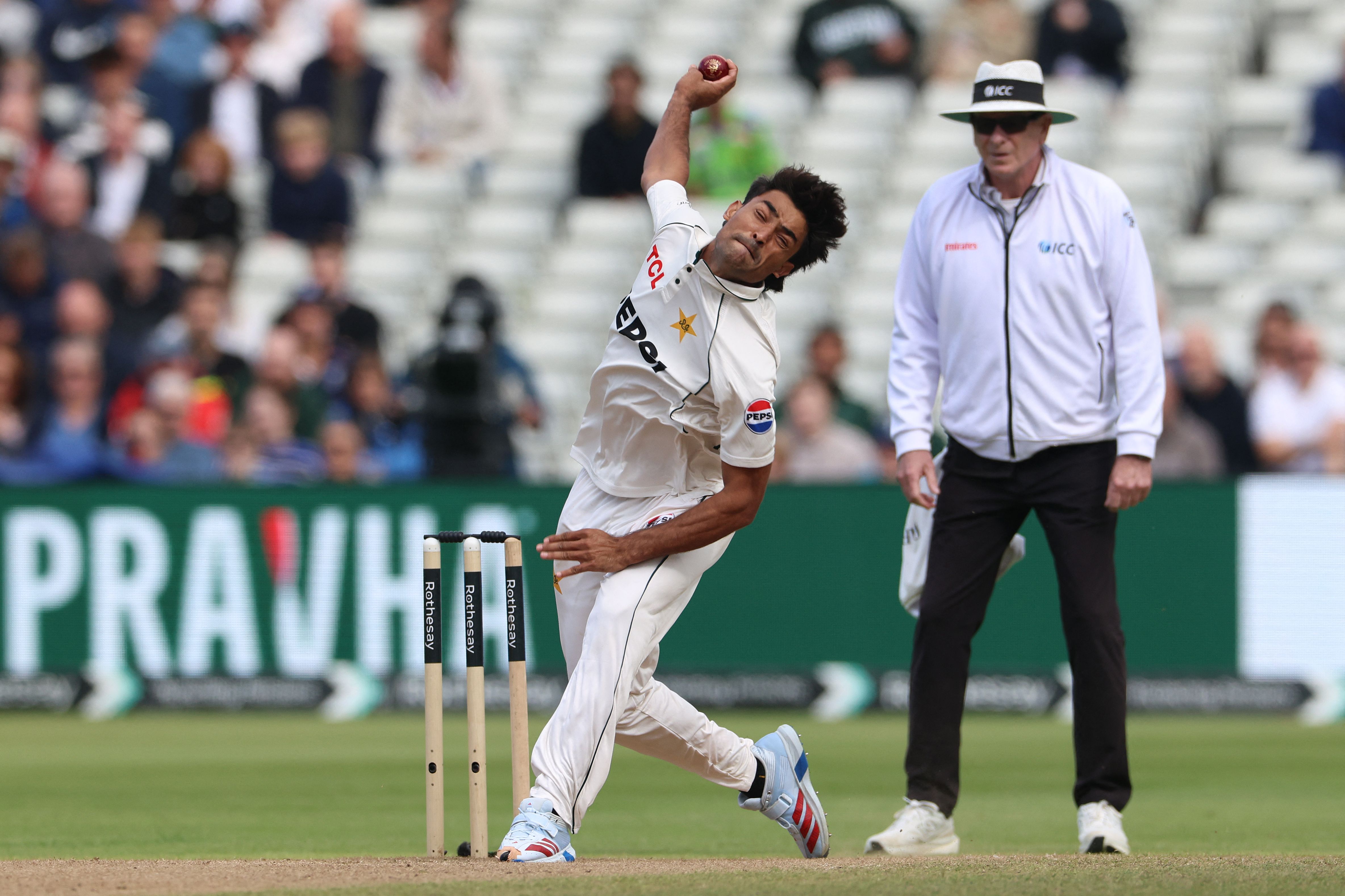 Pakistan’s Razaullah (left) bowls on day four of the third Test match between England and Pakistan at Edgbaston cricket ground in Birmingham, central England, on September 12, 2026. (AFP)
