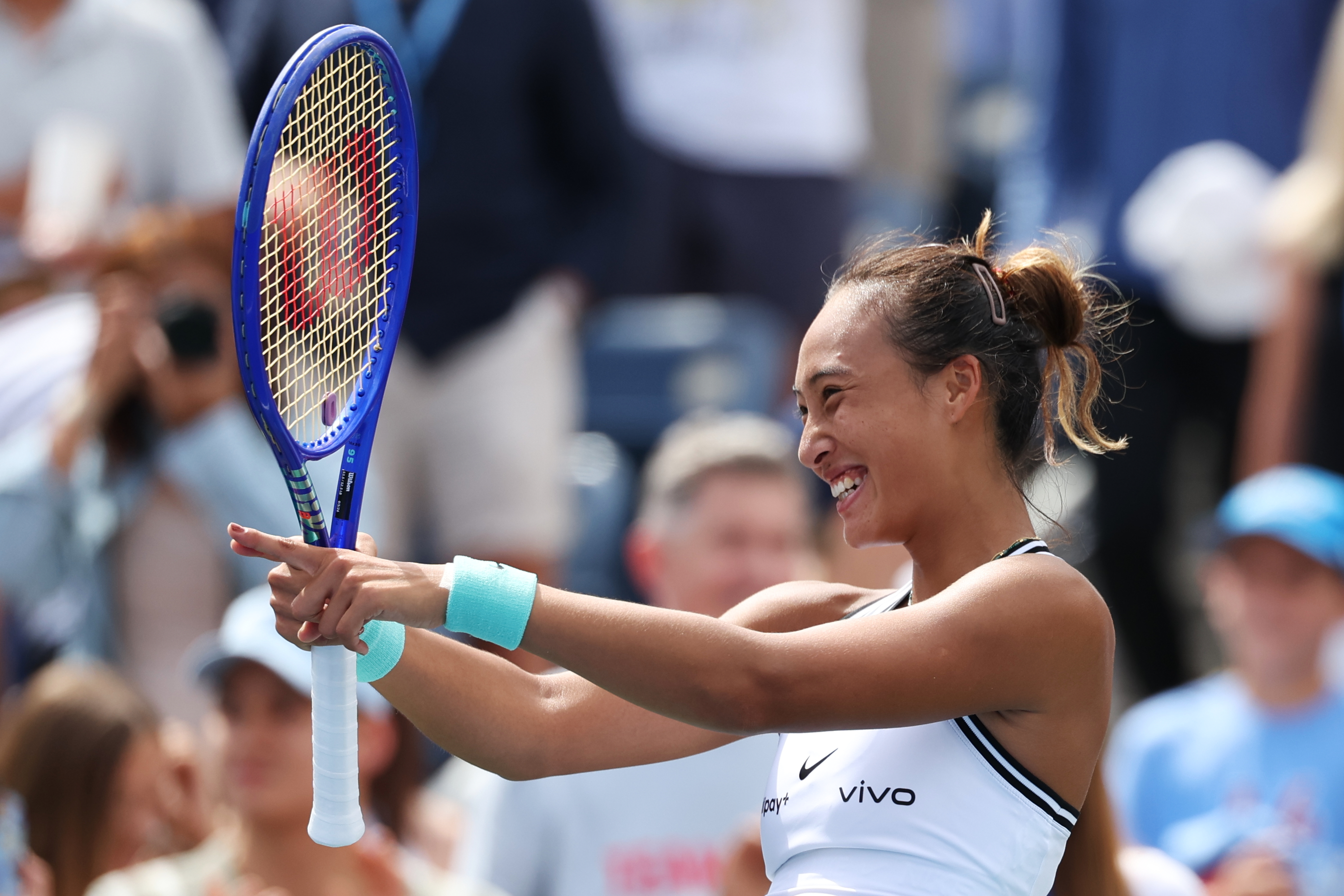 Zheng Qinwen, of China, gestures after she won her match against Madison Keys, of the United States, during the third round of the US Open tennis championships Saturday, Sept. 5, 2026, in New York. (Heather Khalifa/AP)