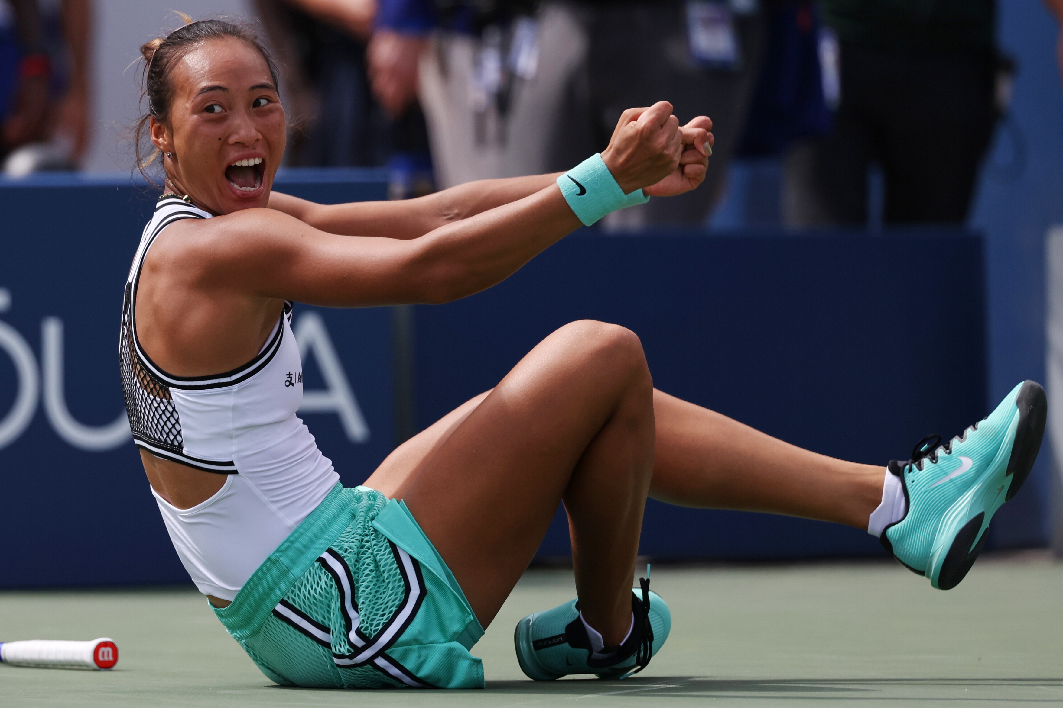 Zheng Qinwen, of China, celebrates after she won her match against Madison Keys, of the United States, during the third round of the US Open tennis championships Saturday, Sept. 5, 2026, in New York. (Heather Khalifa/AP)