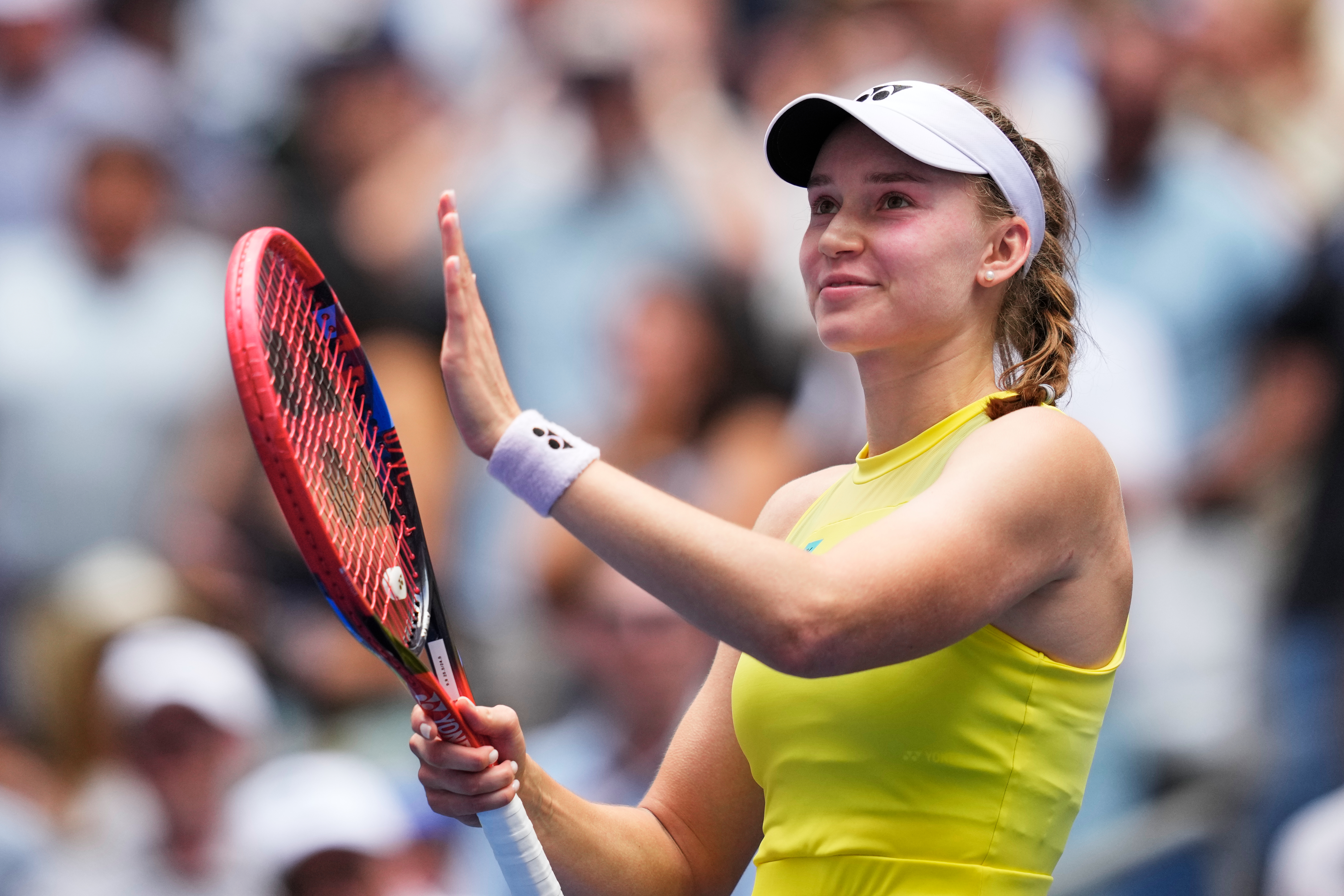 Elena Rybakina, of Kazakhstan, celebrates winning a match against Qinwen Zheng, of China, during the quarterfinal round of the U.S. Open tennis championships, Wednesday, Sept. 9, 2026, in New York. (AP)