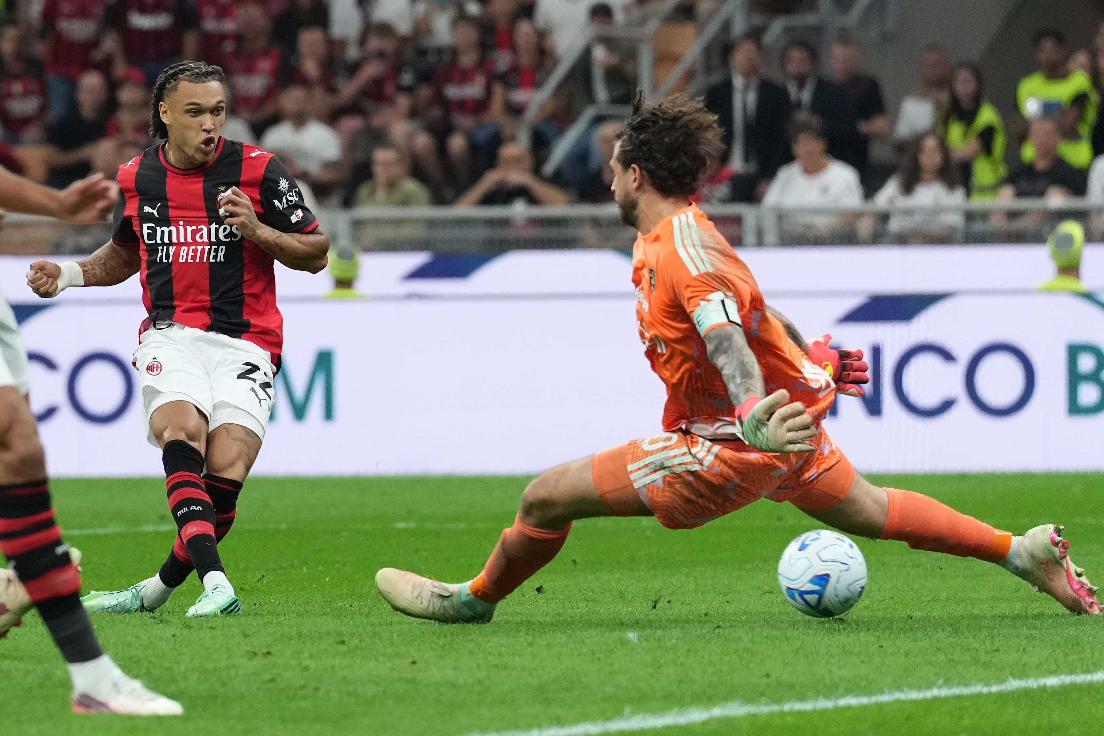 AC Milan's Diego Moreira scores their third goal during the Serie A soccer match between AC Milan and Lecce, in Milan, Italy, Sunday, Sept. 20, 2026. (AP)