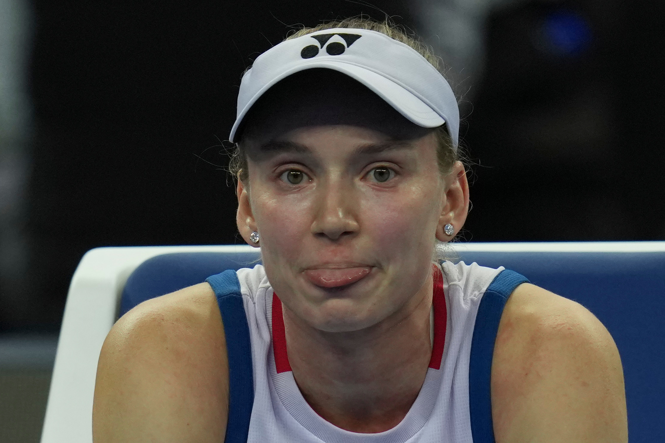 Elena Rybakina, of Kazakhstan, reacts during a women's singles second round match against Alina Charaeva, of Armenia, in the China Open tennis tournament in Beijing, Saturday, Oct. 3, 2026. (AP)