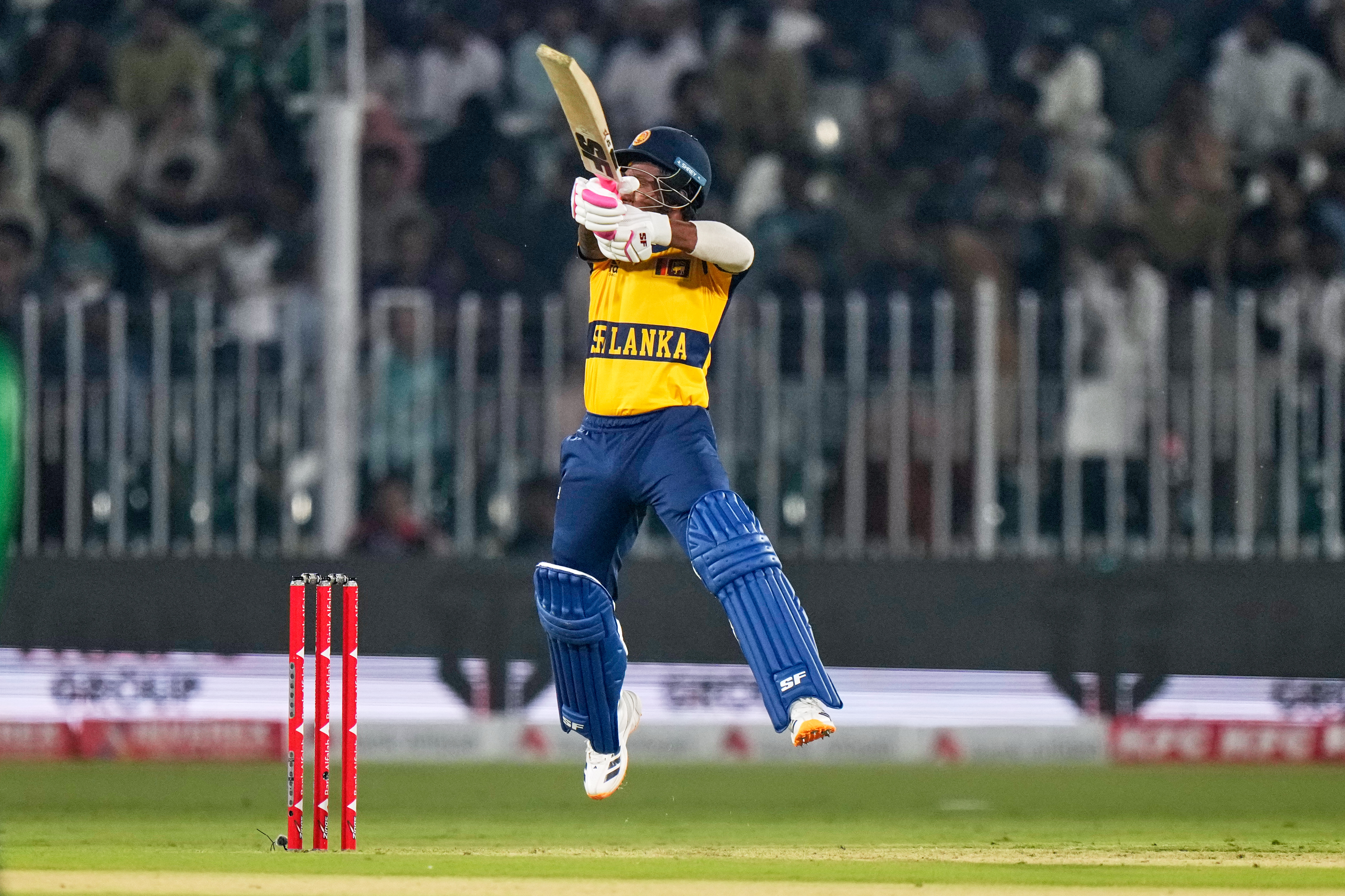 Sri Lanka’s Lahiru Udara plays a shot during the first T20 cricket match between Pakistan and Sri Lanka, in Rawalpindi, Pakistan, on October 9, 2026. (AP)