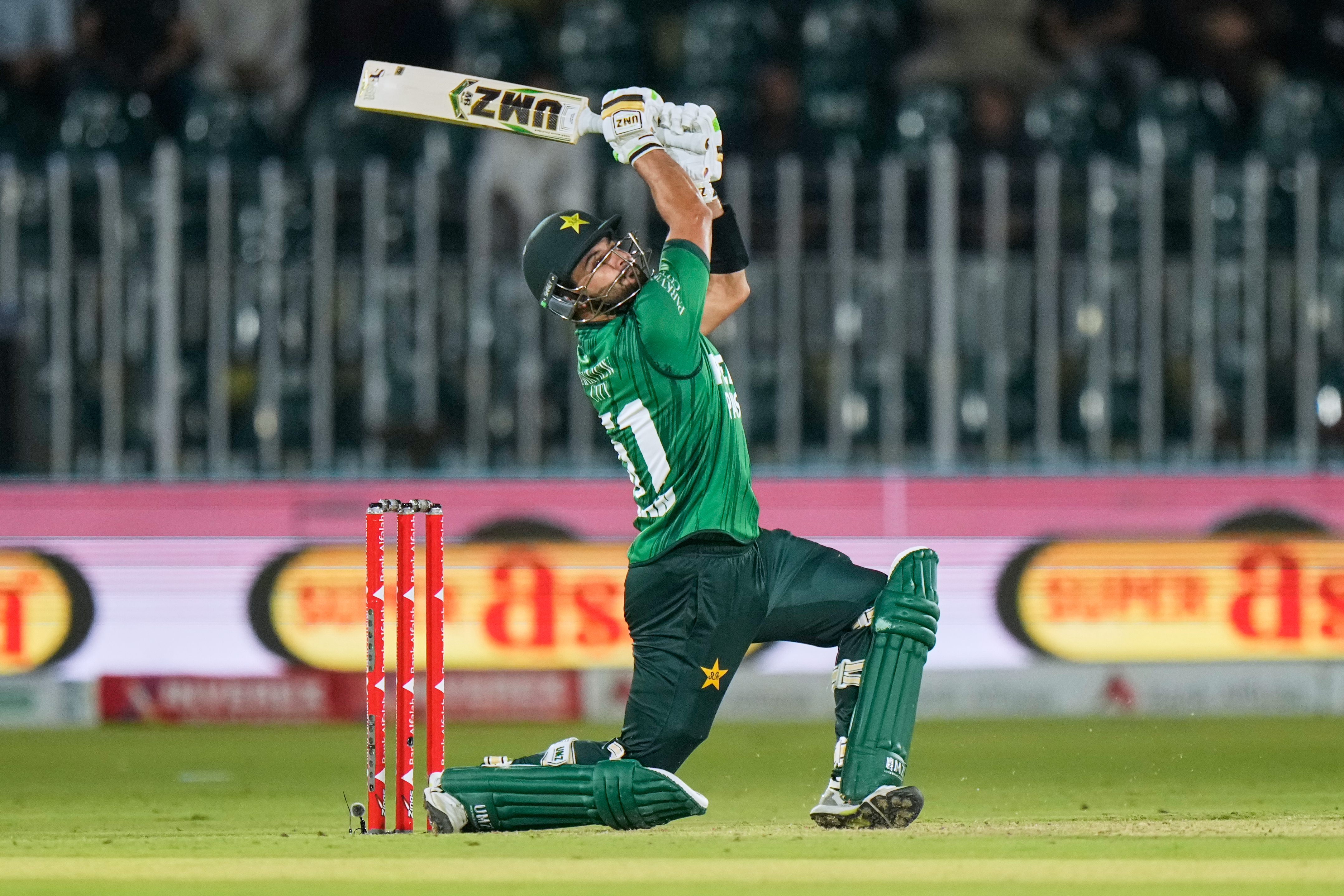 Pakistan’s Sahibzada Farhan follows the ball after playing a shot for a boundary during the third T20 cricket match between Pakistan and Sri Lanka, in Rawalpindi, Pakistan, on October 13, 2026. (AP)
