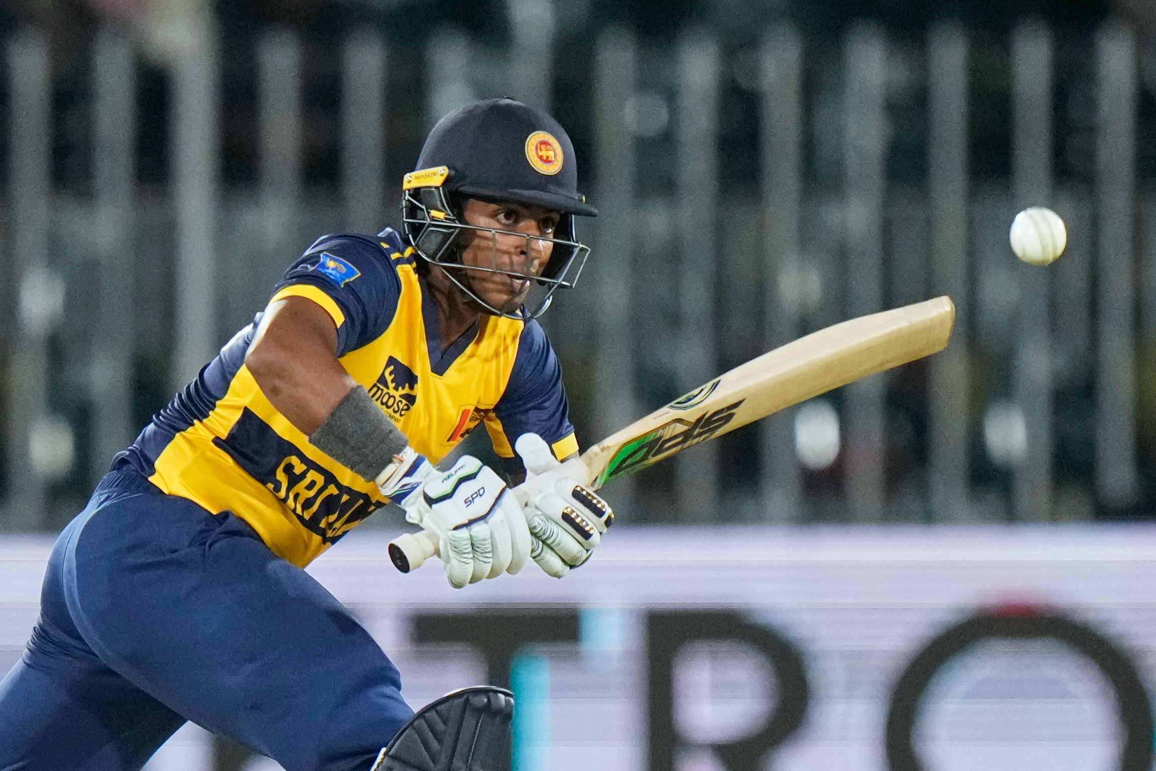 Sri Lanka’s Sineth Jayawardena plays a shot during the third T20 cricket match between Pakistan and Sri Lanka, in Rawalpindi, Pakistan, on October 13, 2026. (AP)