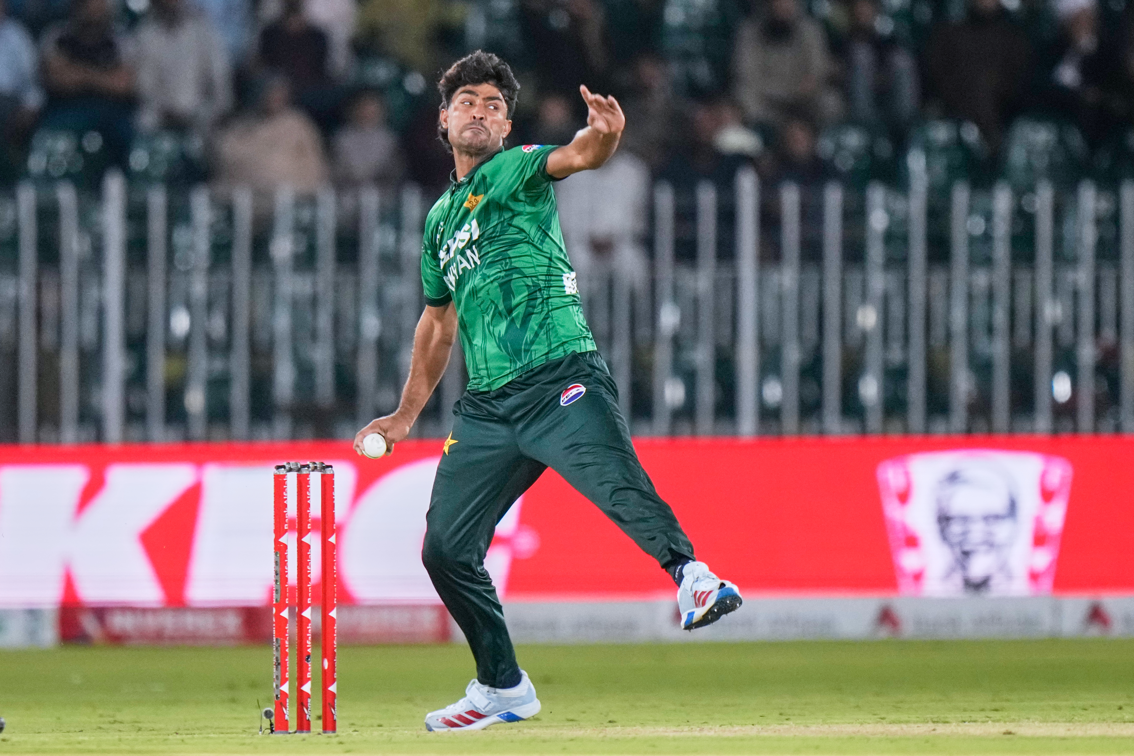 Pakistan’s Raza Ullah bowls during the third T20 cricket match between Pakistan and Sri Lanka, in Rawalpindi, Pakistan, on October 13, 2026. (AP)