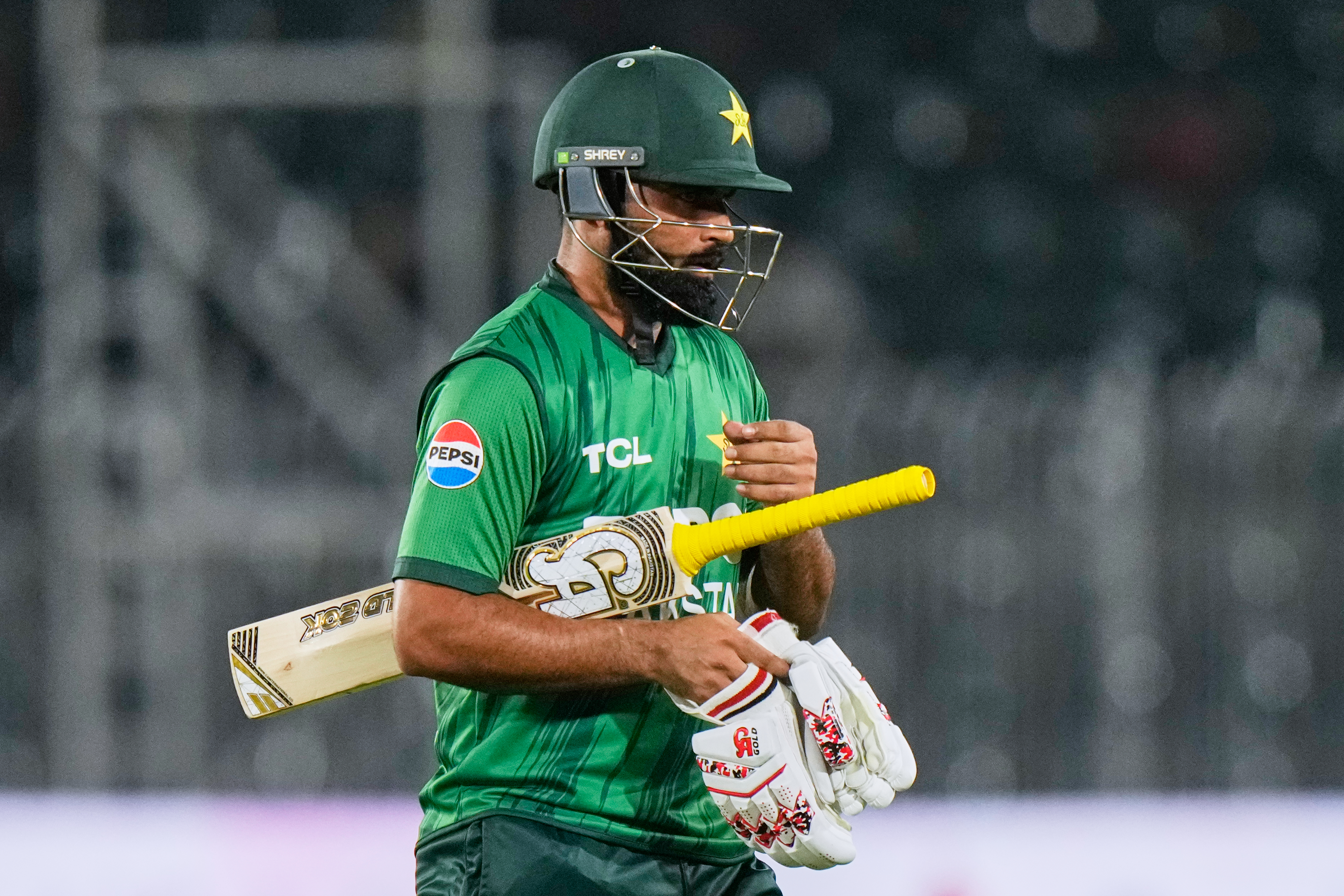 Pakistan’s Fakhar Zaman walks off the field after his dismissal during the third T20 cricket match between Pakistan and Sri Lanka, in Rawalpindi, Pakistan, on October 13, 2026. (AP)