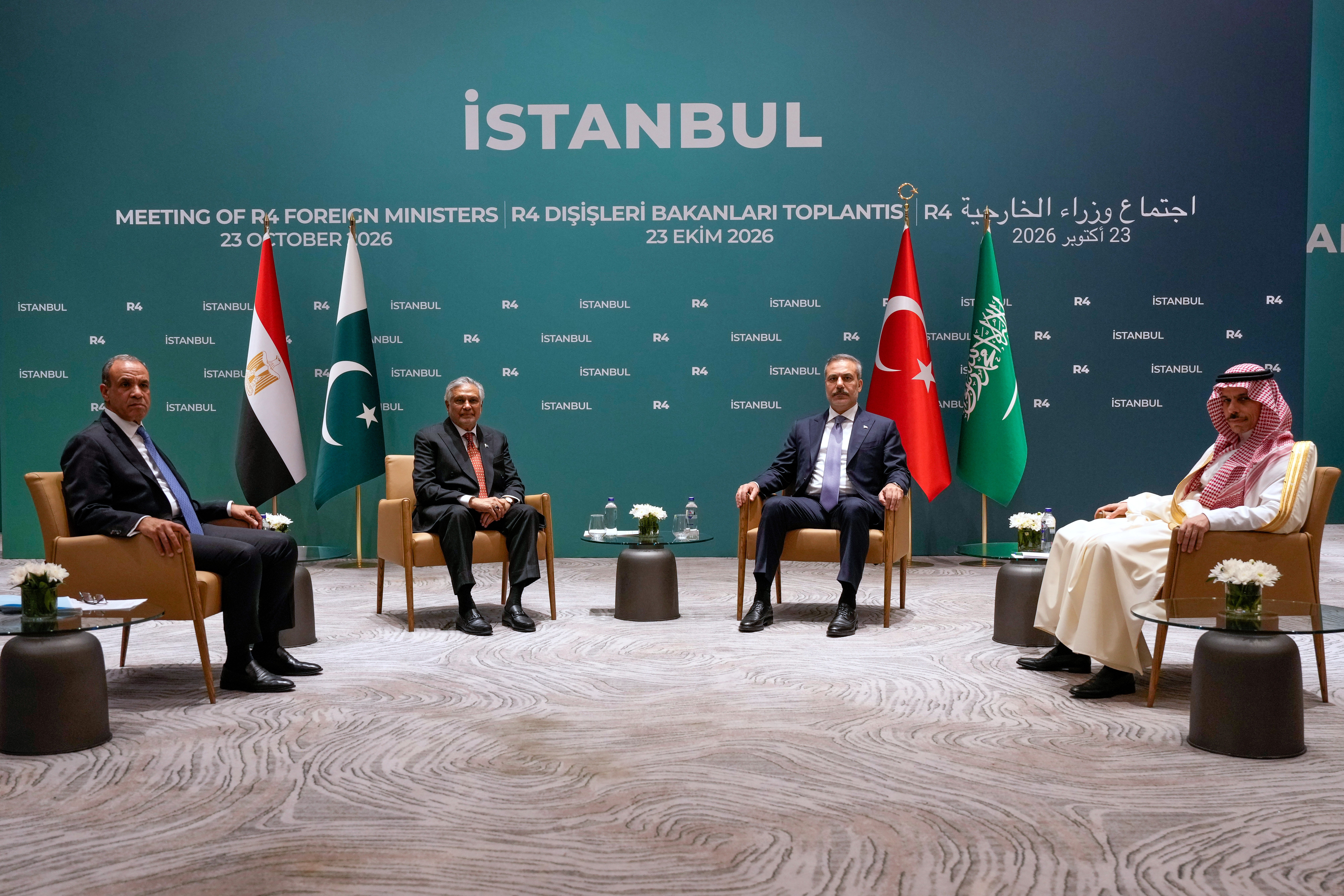 From left, Egypt’s Foreign Minister Badr Abdelatty, Pakistan’s Deputy Prime Minister and Foreign Minister Ishaq Dar, Turkiye’s Foreign Minister Hakan Fidan and Saudi Arabia’s Foreign Minister Prince Faisal bin Farhan Al Saud attend the R4 foreign ministers’ meeting in Istanbul, Turkiye, on October 23, 2026. (AP)