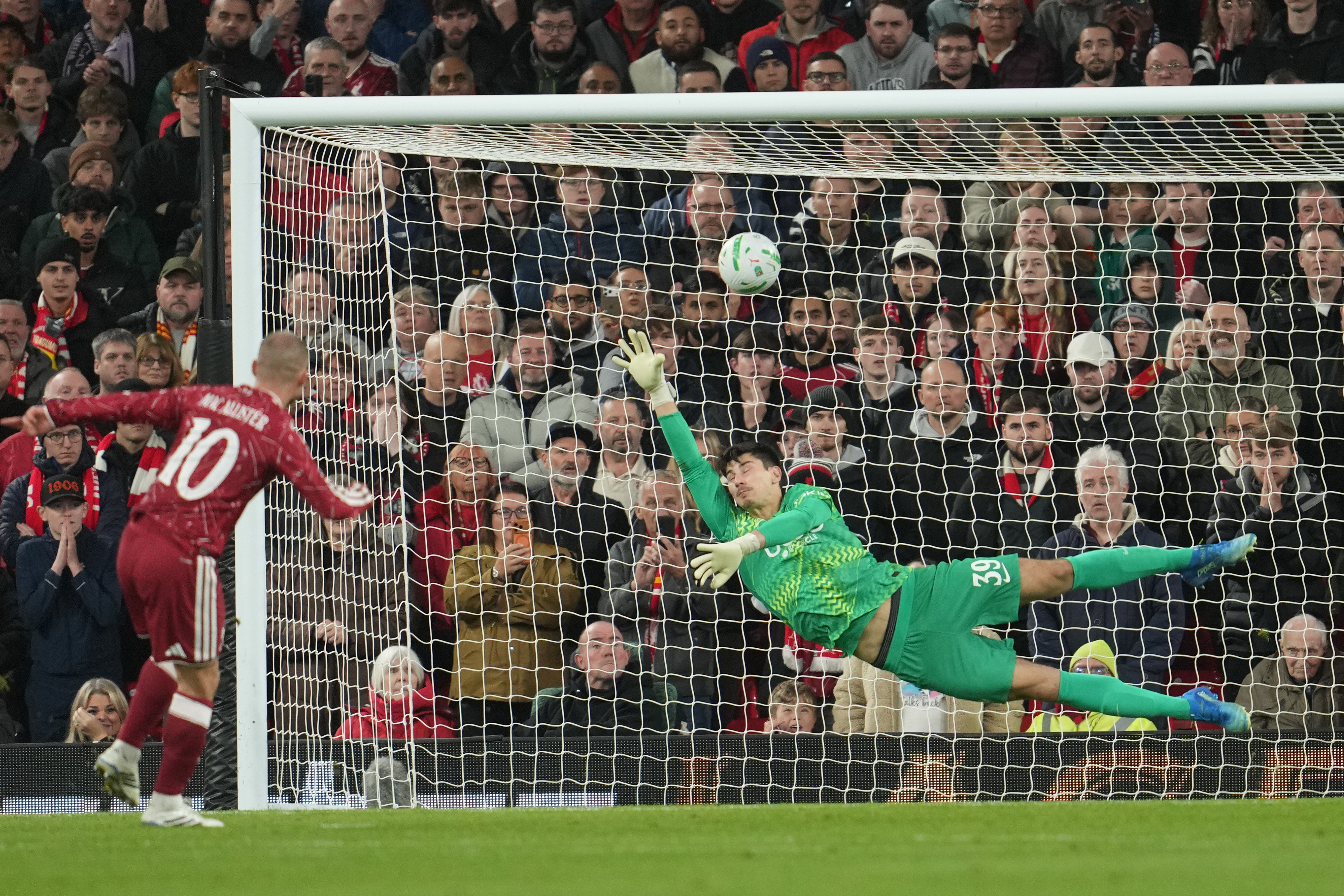 Chelsea's Kepa Arrizabalaga fails to save shot by Liverpool's Alexis Mac Allister during penalty shootout during the fourth-round English Football League Cup soccer match between Liverpool and Chelsea in Liverpool, England, Wednesday, Oct. 28, 2026. (AP)