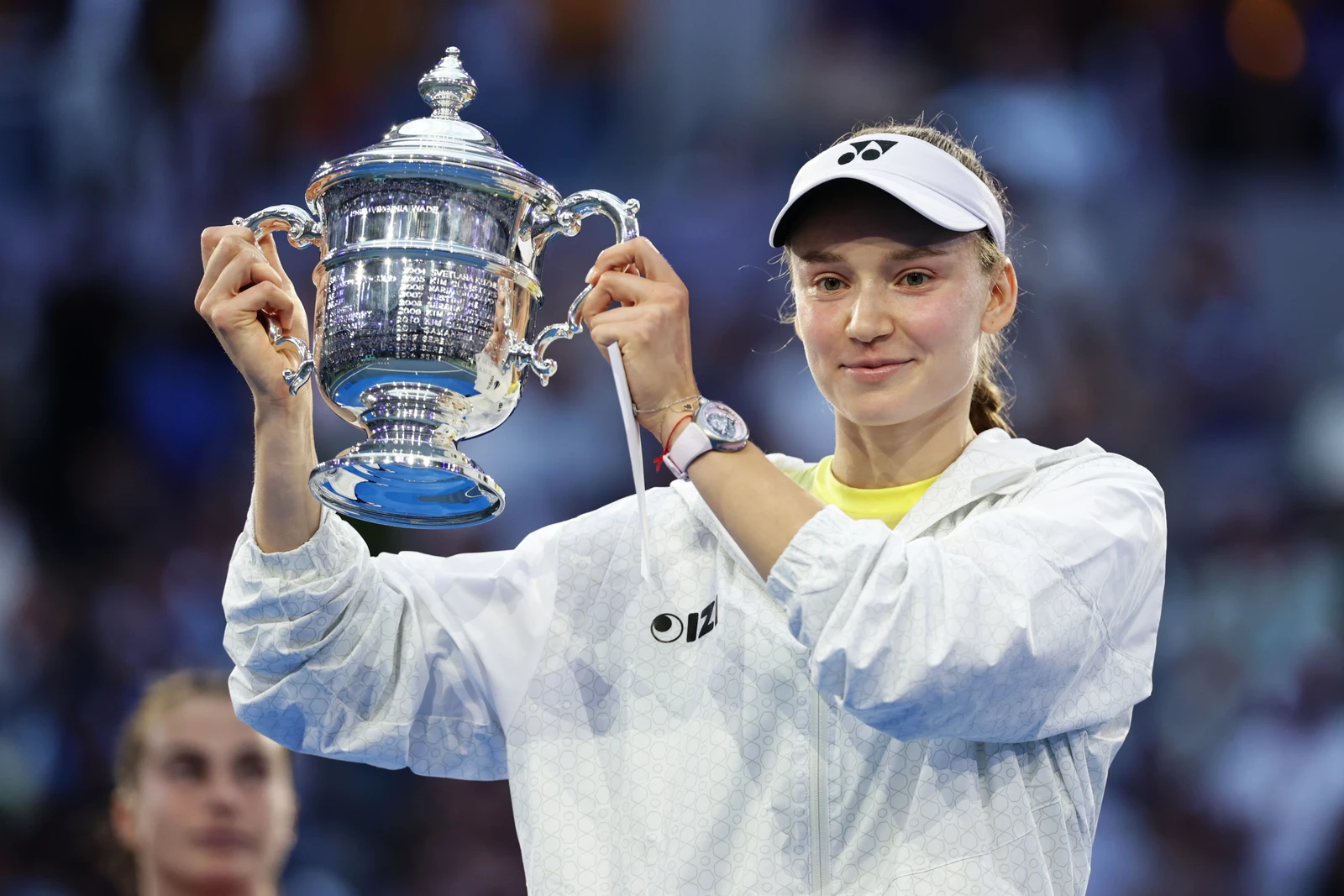 Elena Rybakina, of Kazakhstan, holds up her trophy after winning the women's singles final of the US Open tennis championships against Aryna Sabalenka, of Belarus, Saturday, Sept. 12, 2026, in New York. (AP)