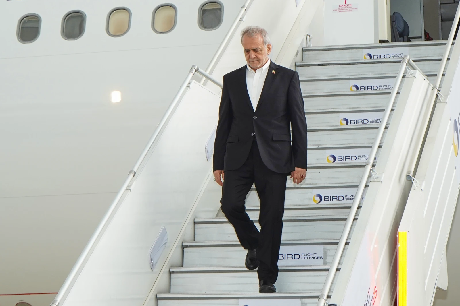 Iranian President Masoud Pezeshkian arrives for the BRICS summit in New Delhi, India, Friday, Sept. 11, 2026. (Indian Foreign Ministry via AP)