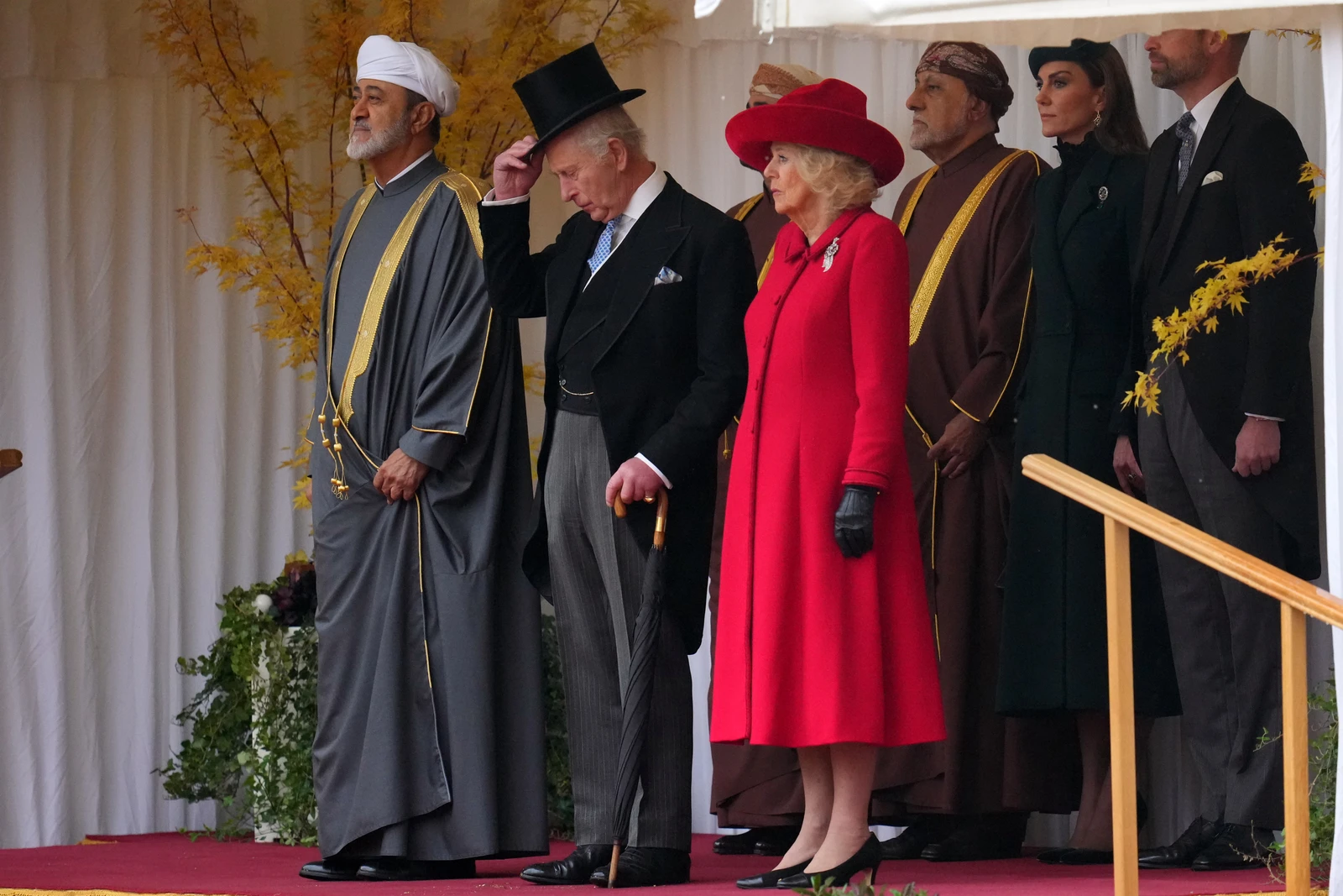 The Sultan of Oman, Haitham bin Tarik, Britain's King Charles III and Queen Camilla watch the Guard of Honour marching past at Windsor Castle in Windsor, England, Tuesday, Oct. 20, 2026.(AP)