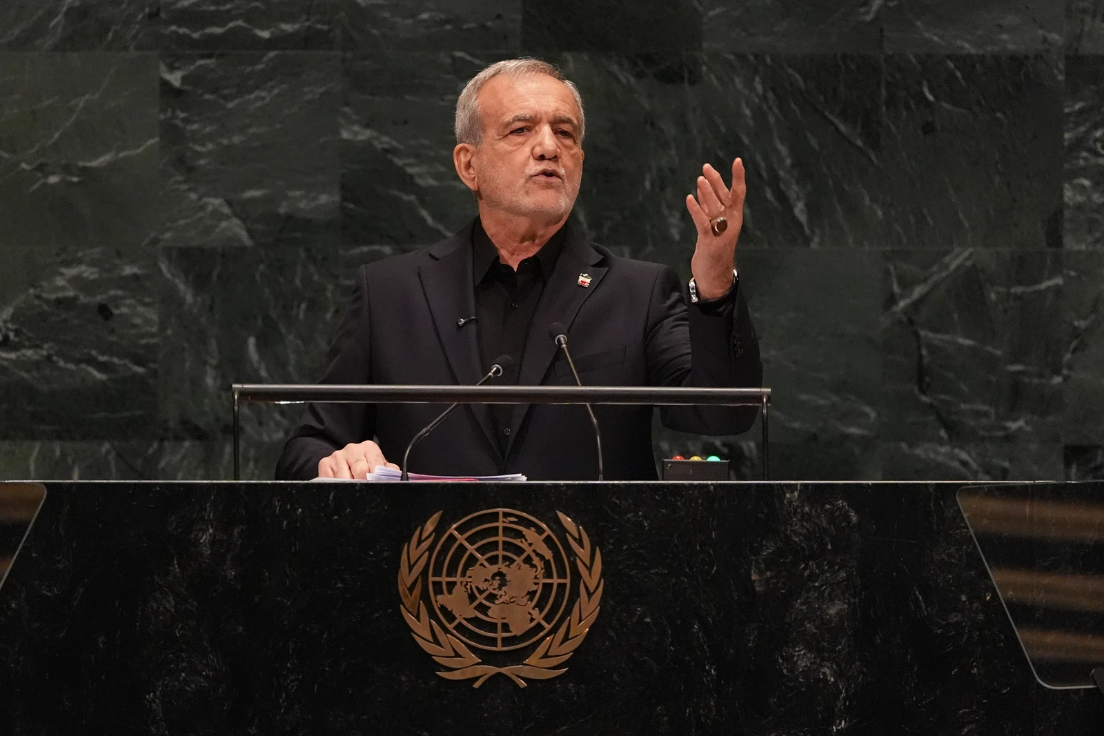 Iran's President Masoud Pezeshkian speaks during the 81st session of the United Nations General Assembly at United Nations headquarters, Wednesday, Sept. 23, 2026. (AP) (AP Photo/Yuki Iwamura)